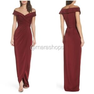 La Femme Surplice Off the Shoulder Column Gown